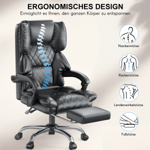 Schwarzer, ergonomischer Rattantree Bürostuhl mit Fußstütze und verstellbarer Rückenlehne.