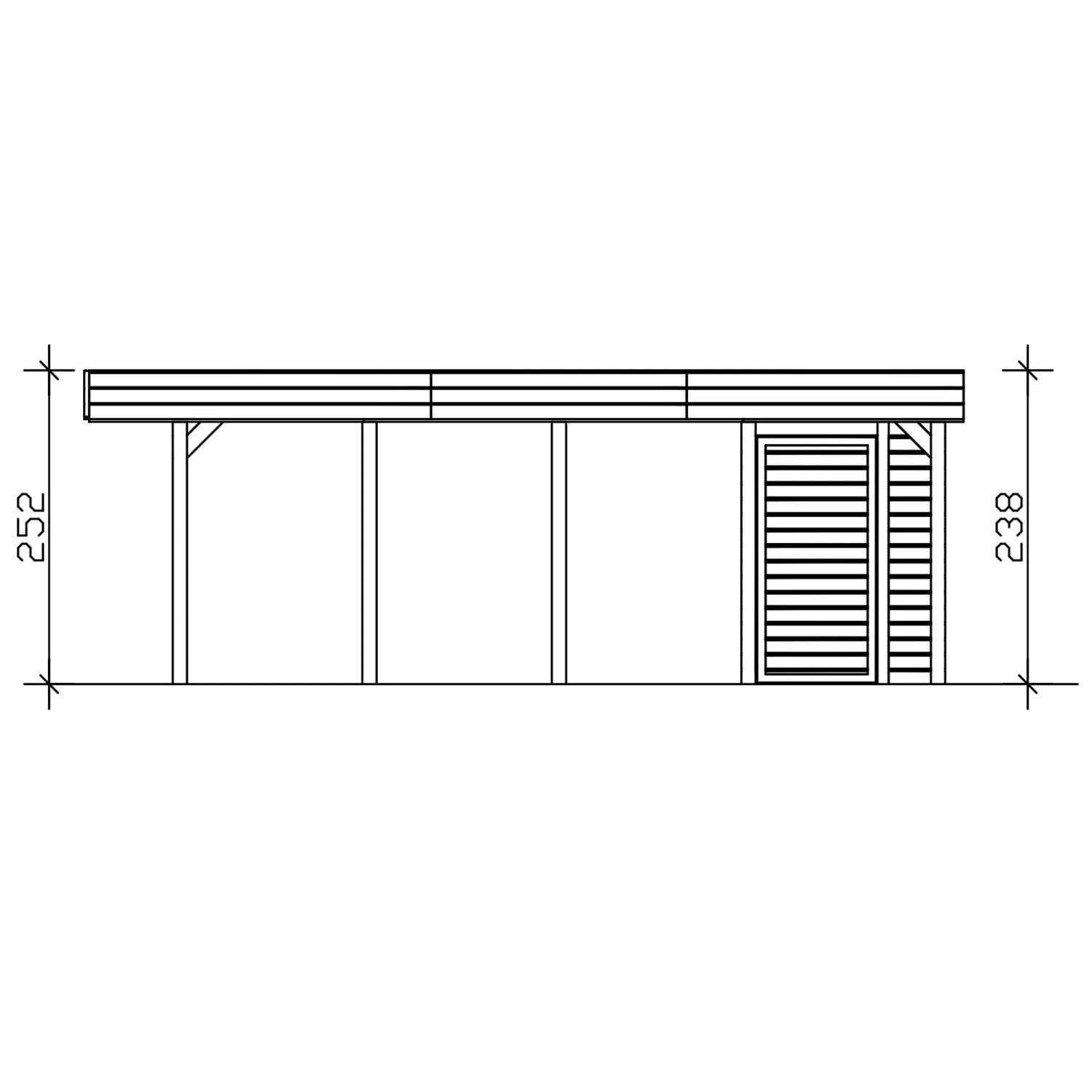 Skan Holz Carport Friesland D mit Abstellraum, technische Seitenansicht. Flachdach, Holzkonstruktion, integrierter Abstellraum.