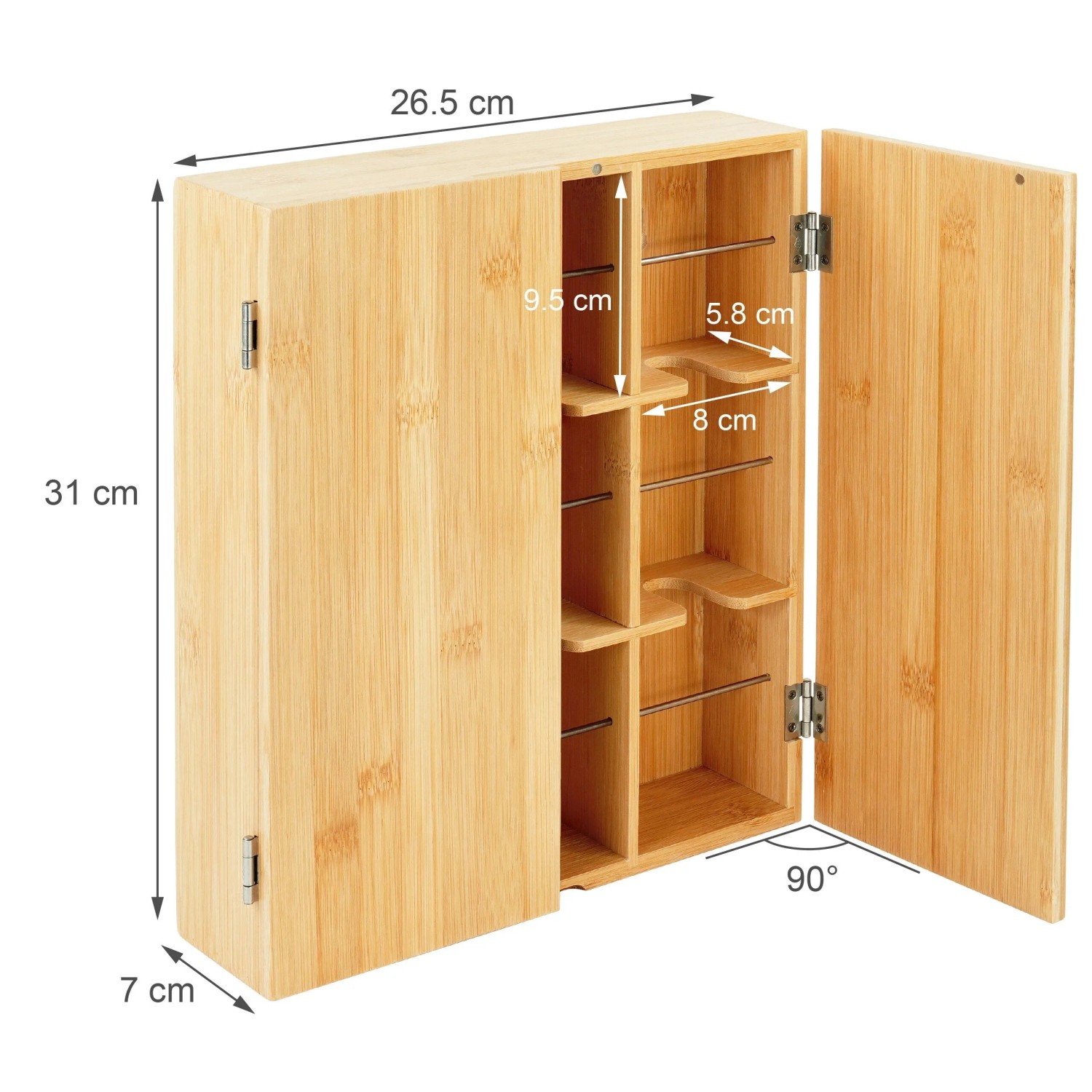 Offene Teebox aus hellem Bambus mit 9 Fächern, Edelstahlstangen und Maßen 31x26.5x7 cm zur Teeaufbewahrung.
