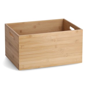 Aufbewahrungskiste aus Bambus, 30x40x21 cm, mit seitlichen Tragegriffen.