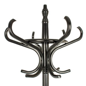 Schwarzer, freistehender Holz-Garderobenständer mit 12 Haken und Regenschirmständer.