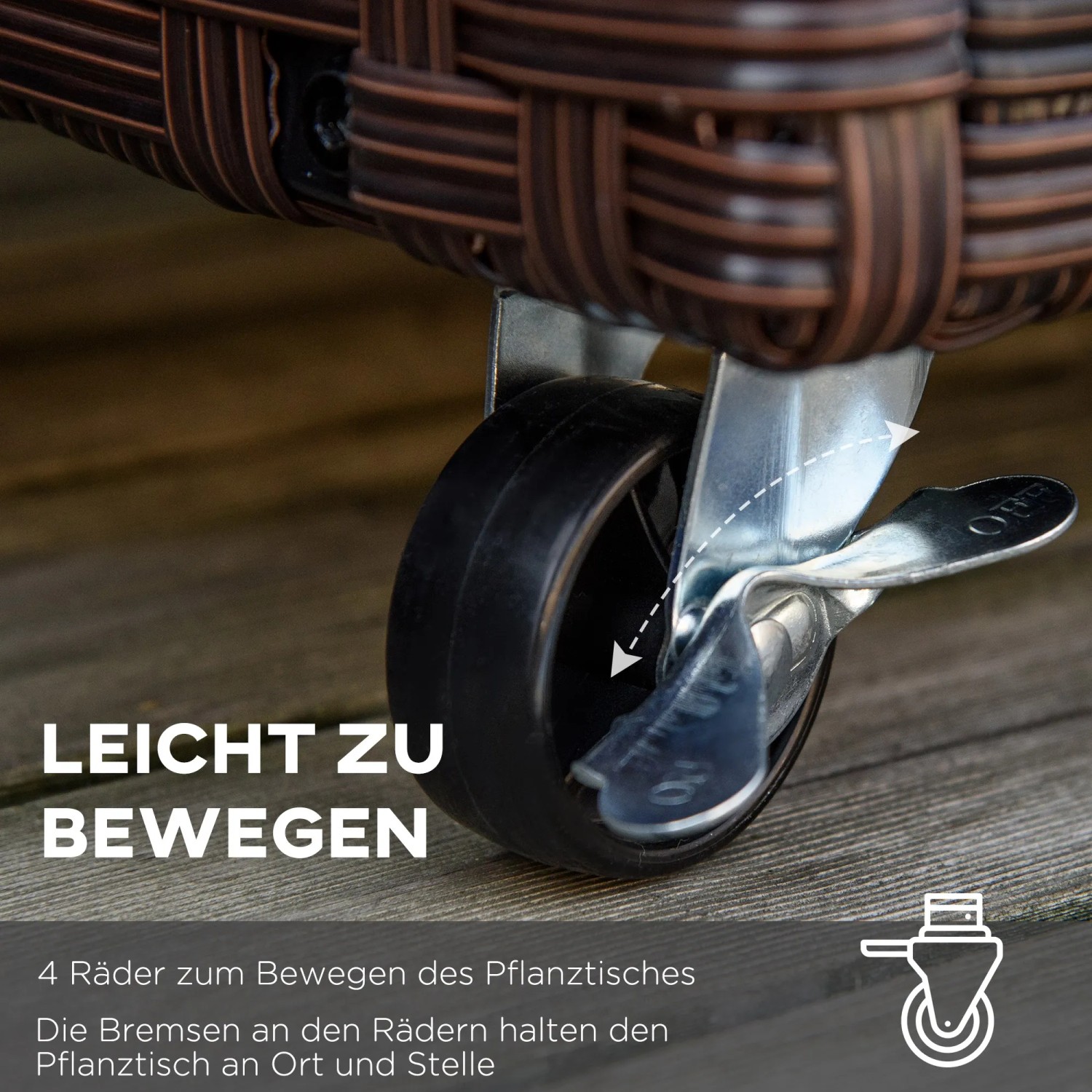Detailaufnahme: Rad mit Bremse am braunen Outsunny Hochbeet aus Rattan und Stahl.