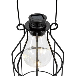 Schwarze LED Solar-Laterne aus Metall, 10x10x17 cm, mit warmweißen Micro-LEDs und Aufhängebügel.