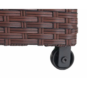 Detailaufnahme: Braune Poly-Rattan Kissenbox mit Rollen. Aufbewahrungsbox für Gartenmöbel.