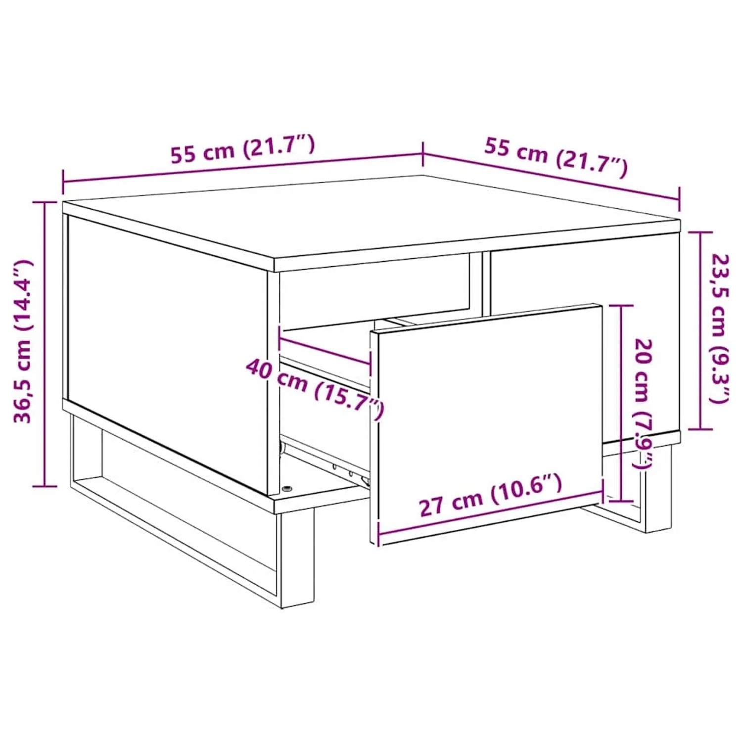 Quadratischer Couchtisch Artisan-Eiche 55x55x36,5 cm aus Holzwerkstoff mit Schublade und offenem Fach.