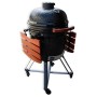 Schwarzer BBQ First Grill aus Keramik mit Ablagen und Rollen.