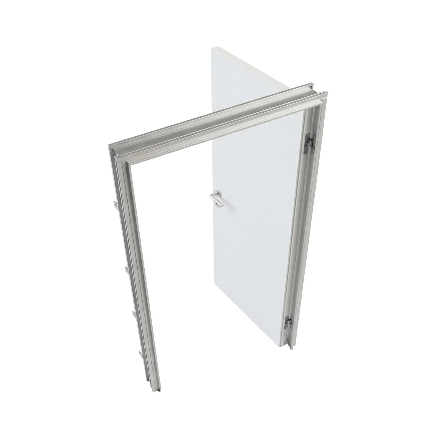 Weißes Tür-Komplettset, wandbündig, mit Zarge, 76x201 cm, für den Innenausbau.