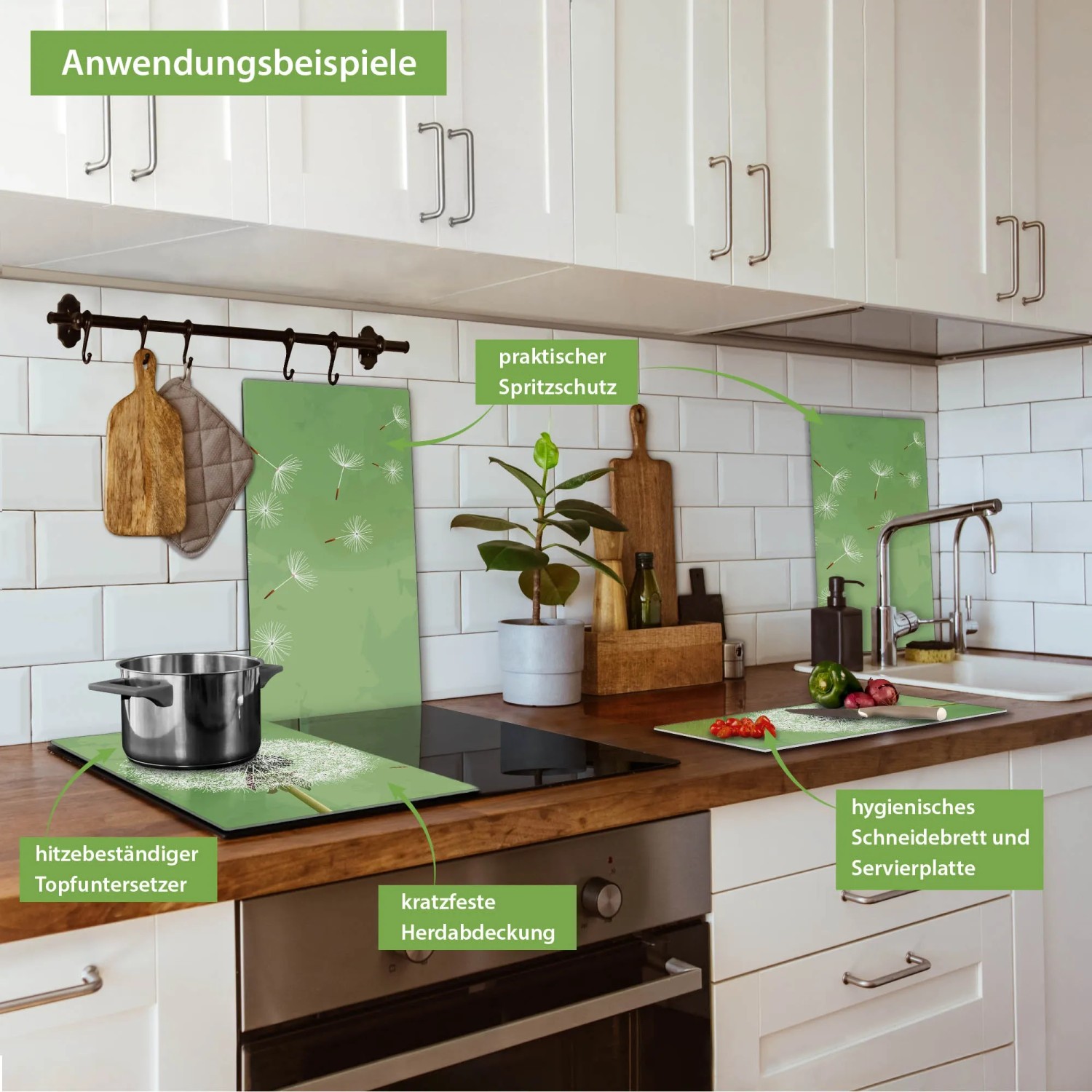 Banjado 2-teilige Herdabdeckplatte aus Glas mit Pusteblumen-Motiv als Schneidebrett und Spritzschutz.