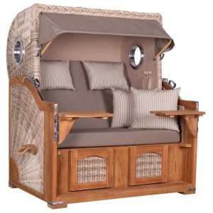 GarWoh Strandkorb Rantum Grande aus Teakholz mit PE-Geflecht und Bullaugen.