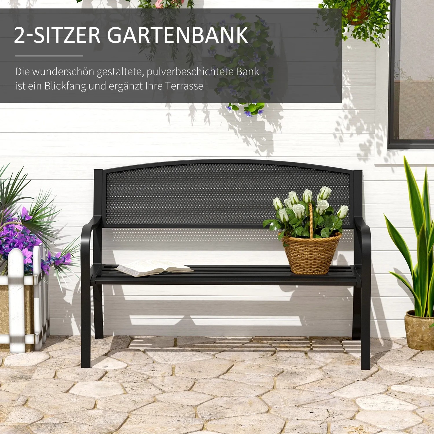 Outsunny Gartenbank, 2-Sitzer Bank aus Stahl in Schwarz mit Wabendesign für Garten und Terrasse.