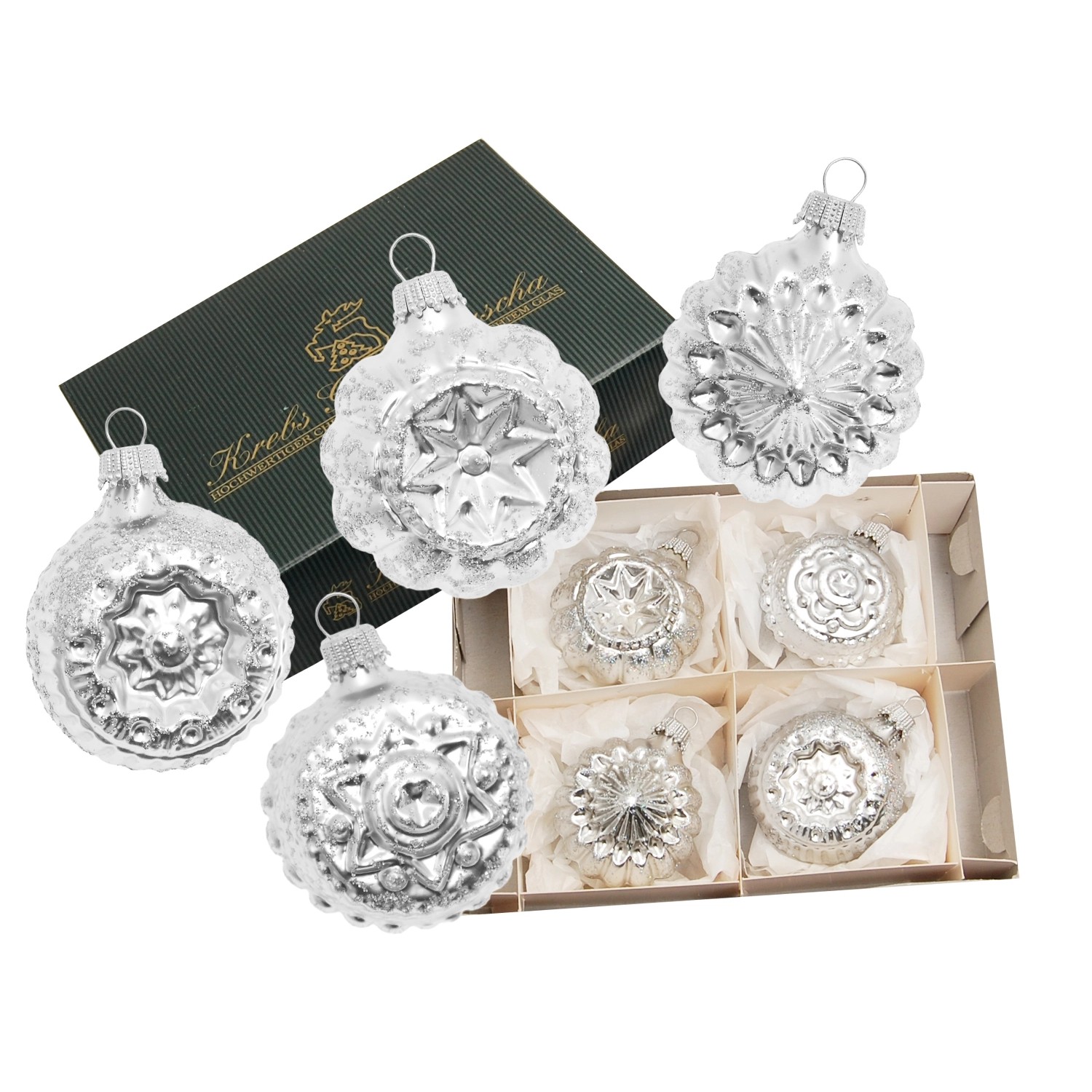 Krebs Glas Lauscha Weihnachtsbaumkugelformen Silber 4er-Set 6cm