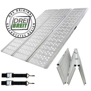 DREIBREIT 3-fach Auffahrrampe, klappbar, 255cm, gelocht, mit Spanngurten. Zubehör für Autoanhänger.