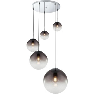 Moderne Globo Pendelleuchte Varus Chrom mit fünf rauchfarbenen Glaskugeln.