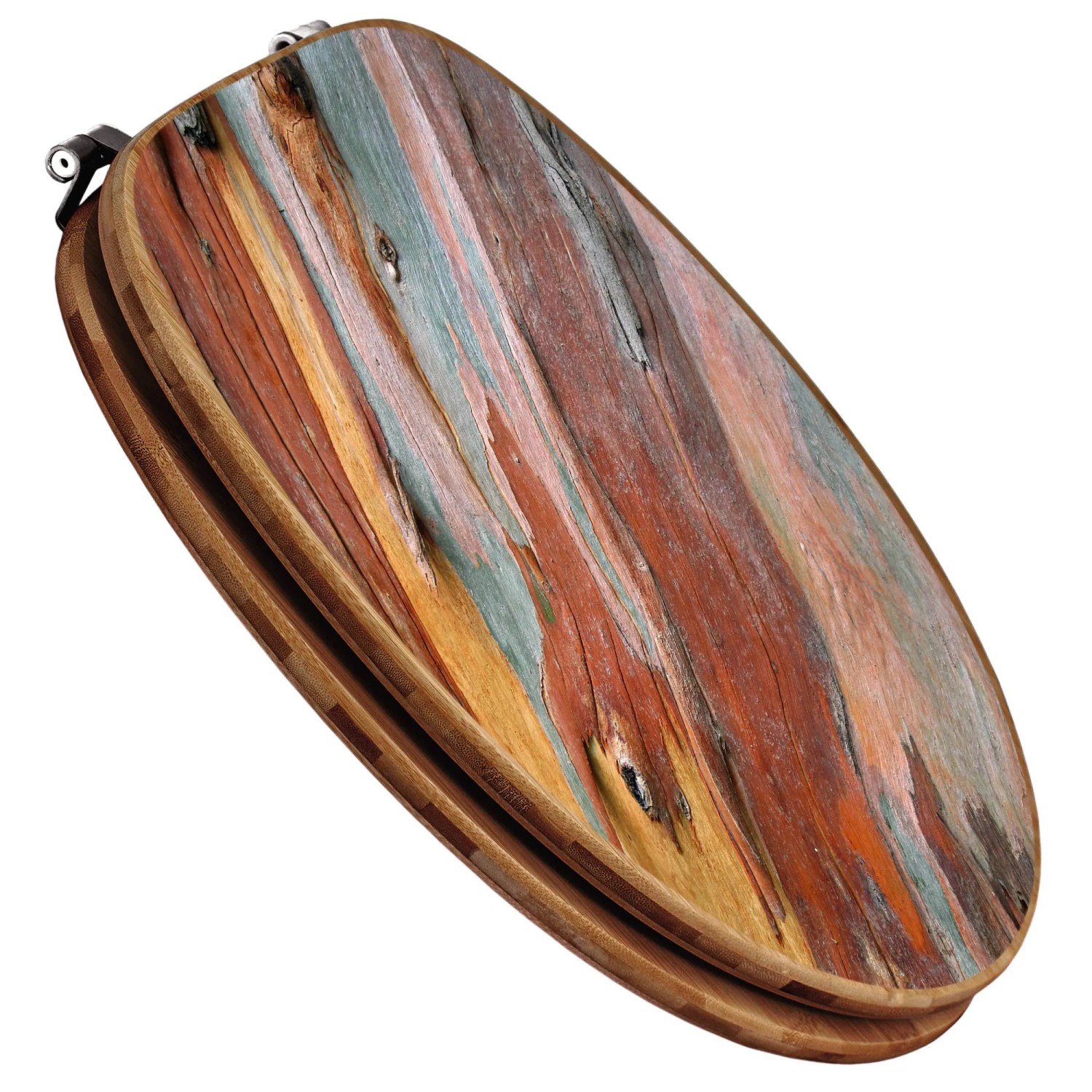 Banjado WC-Sitz aus Bambus mit farbigem Holz-Motiv und Universal-Scharnieren.