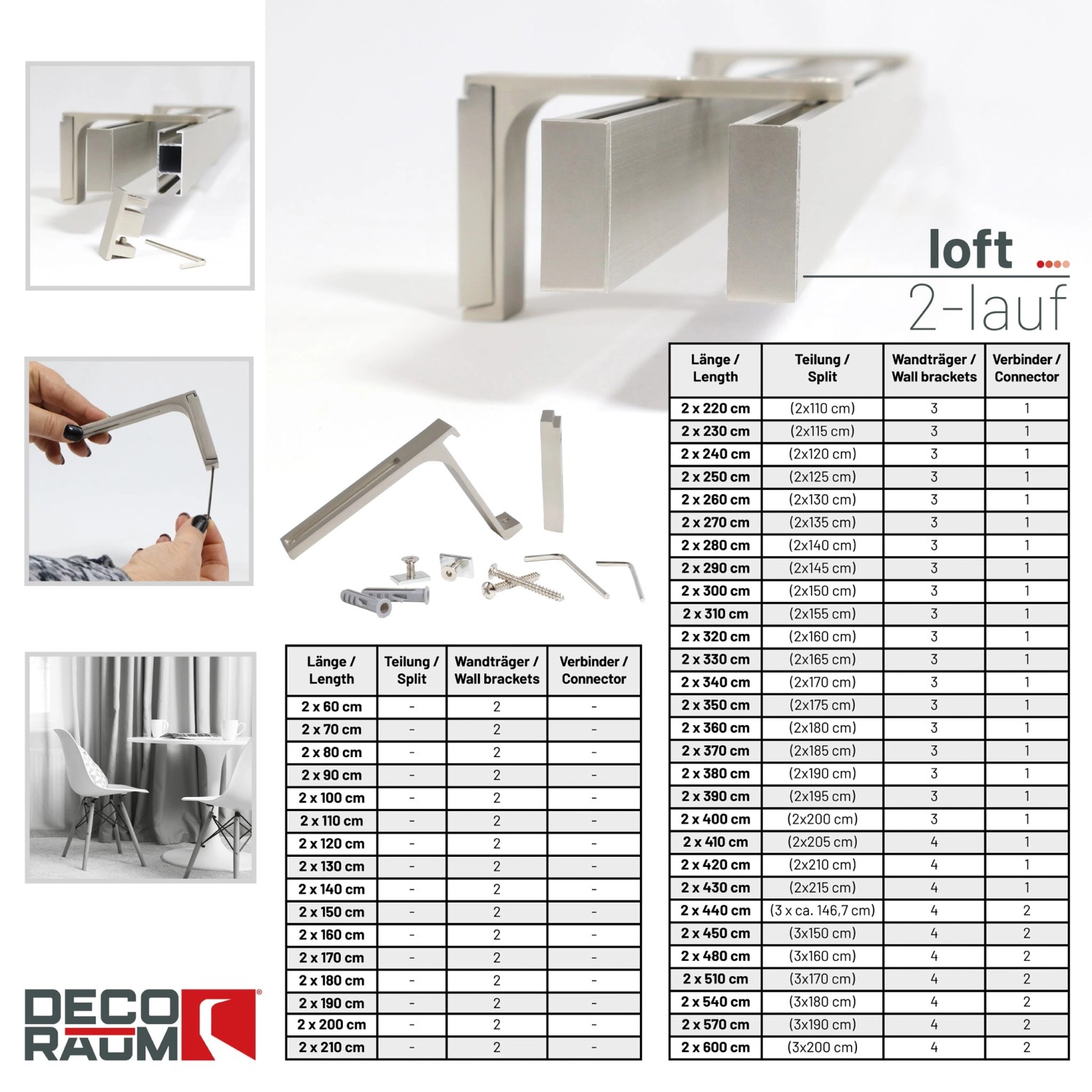 Deco-Raum Gardinenschiene nach Maß 2-Lauf Loft Edelstahl-Optik 310cm_4