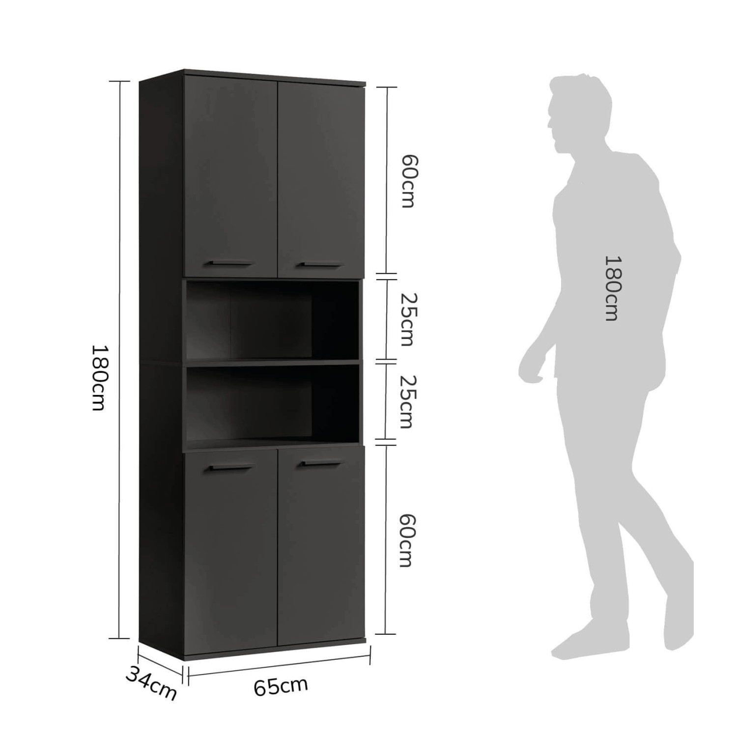 Mokebo Bad Hochschrank „Der Kapitän“ in Anthrazit, 180 cm hoch, mit offenen und geschlossenen Fächern.
