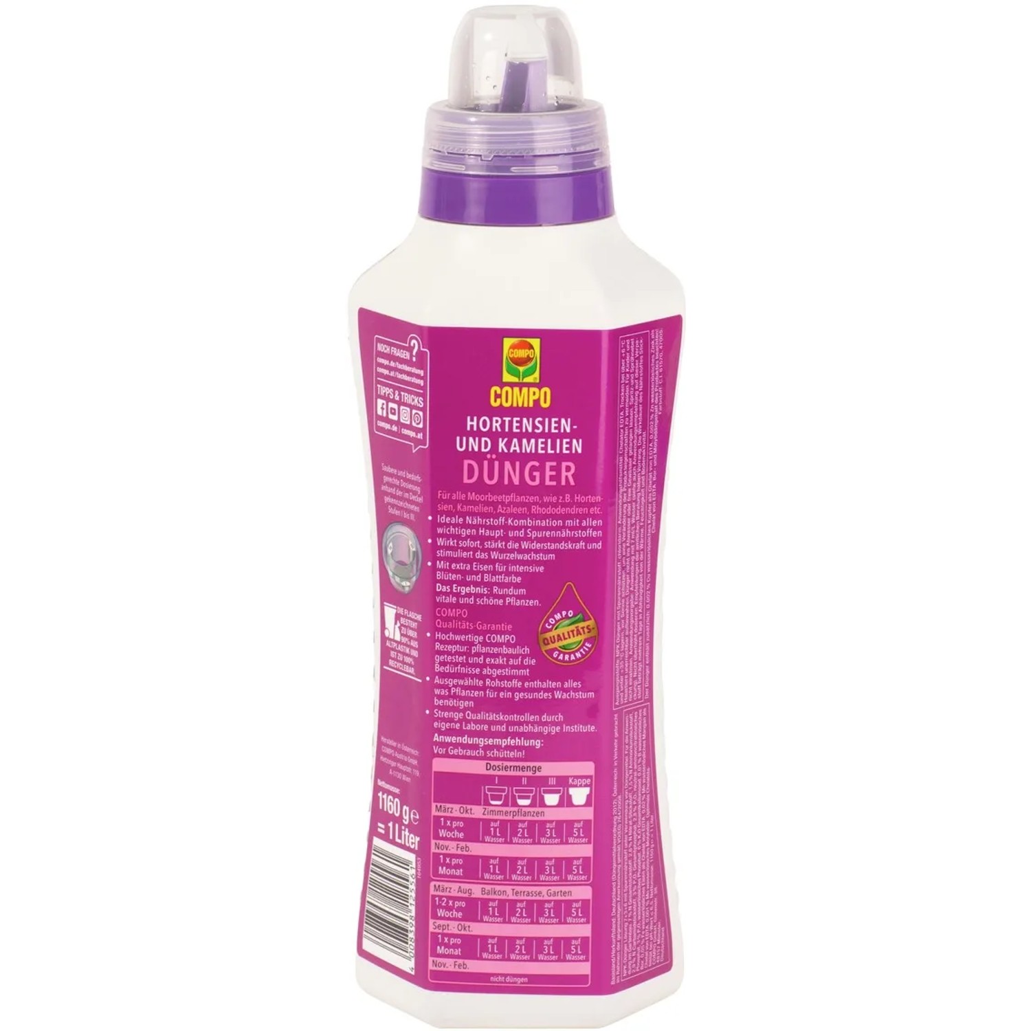 Flasche Compo Hortensien- und Kameliendünger 1 l für Moorbeetpflanzen.