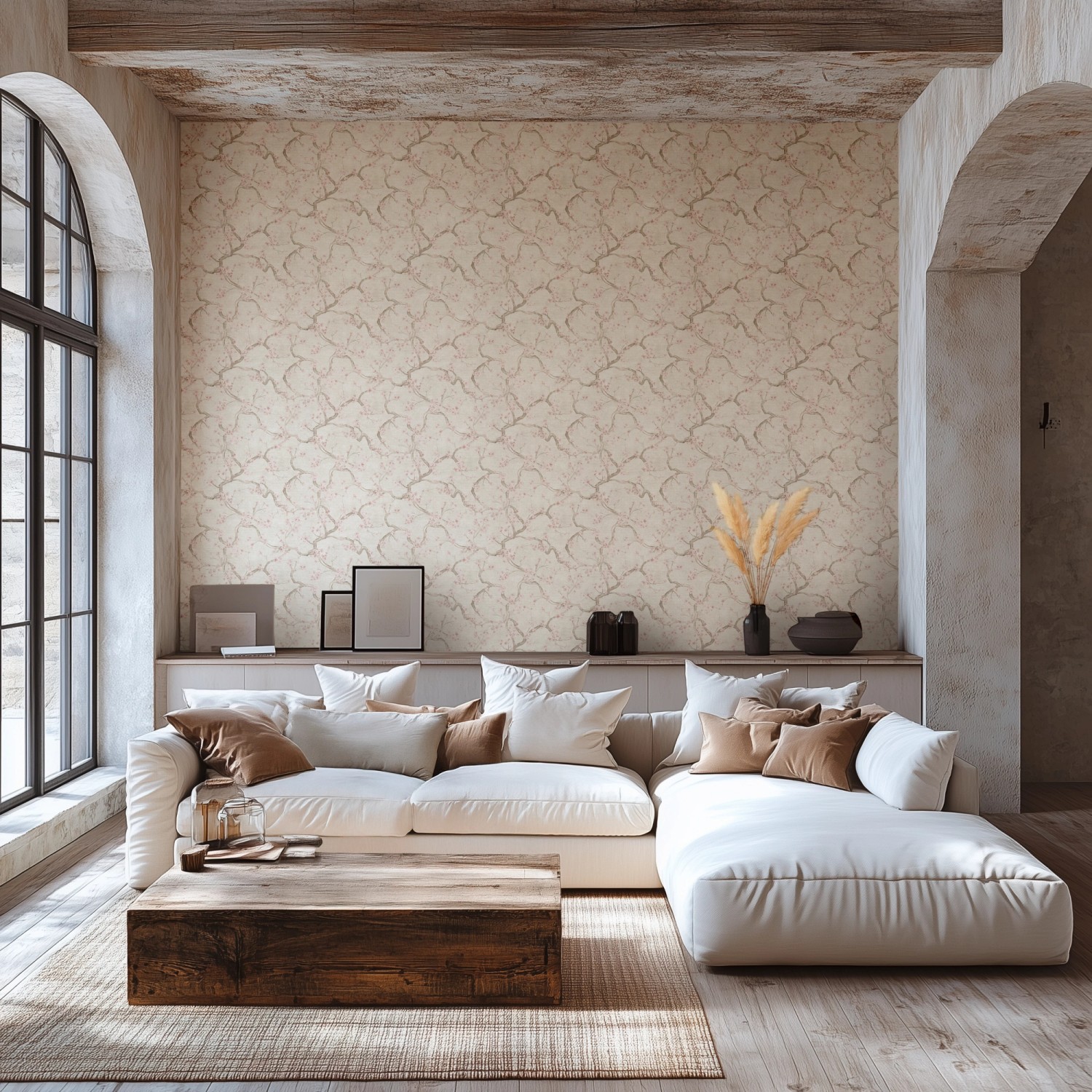 Wohnraum mit A.S. Creation Vliestapete Blütenmuster in Creme-Rosa.