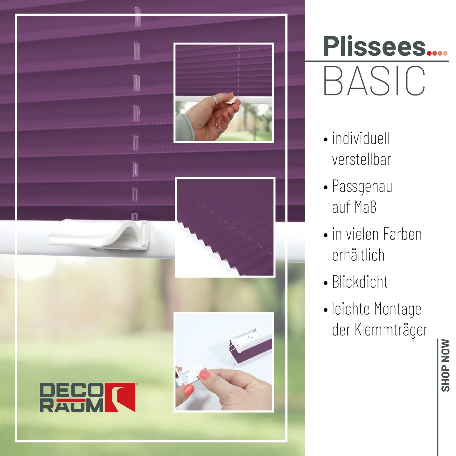 Lila Deco-Raum Plissee Basic 95x210cm ohne Bohren, blickdicht mit Klemmfix-Montage.
