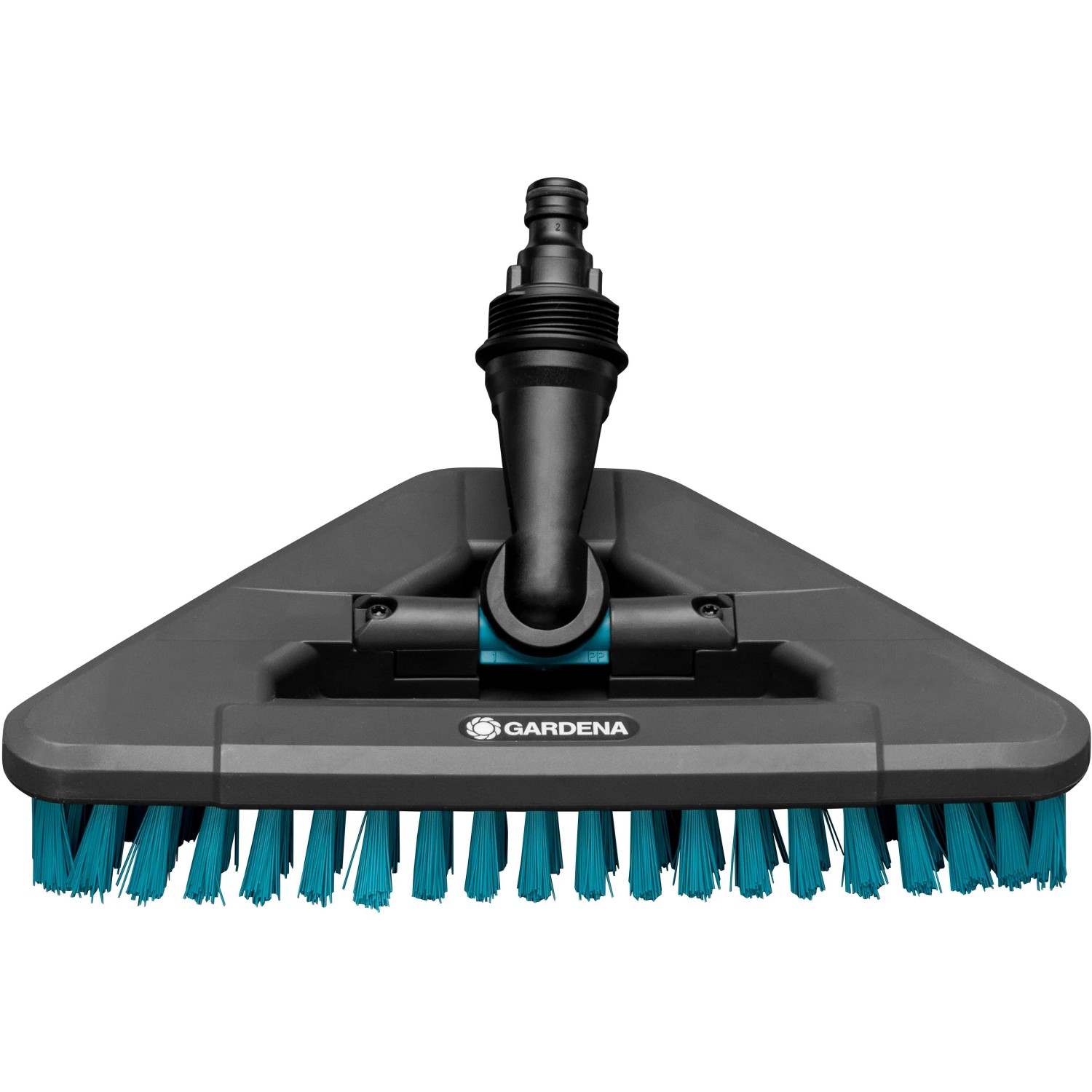 Gardena Cleansystem Stielbürste Hard Flex, anthrazitfarbener Bürstenkopf mit blauen Borsten und Wasseranschluss.