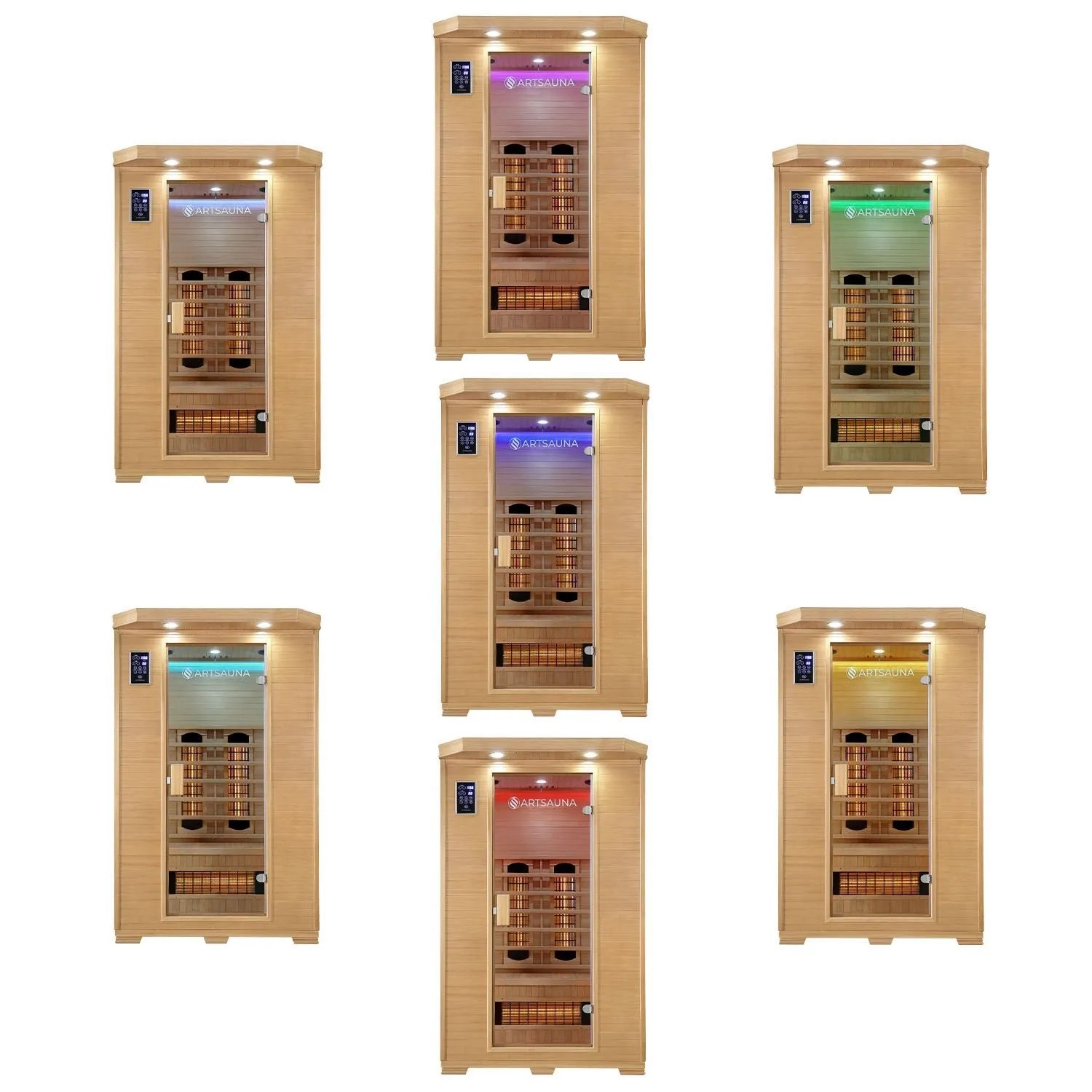 Artsauna Infrarotkabine Oslo mit Vollspektrumstrahlern und LED-Farblicht in verschiedenen Farben.