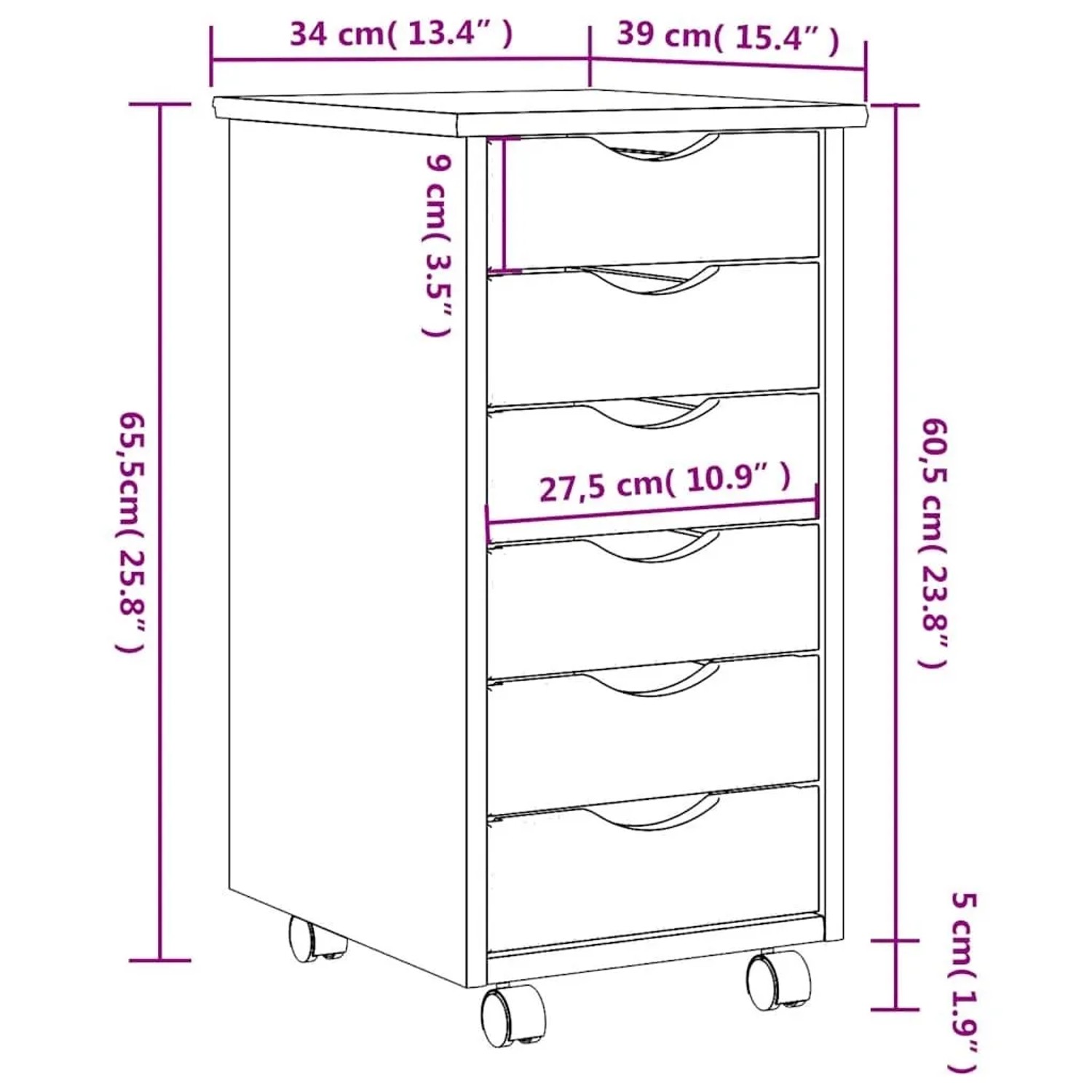 vidaXL Rollschrank MOSS, schwarz, Kiefer Massivholz, 6 Schubladen, für Wohnzimmer & Büro.