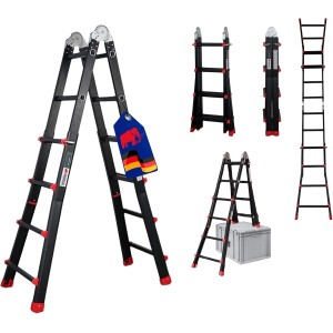 PROREGAL 3-in-1 Mehrzweckleiter APOLLO, Aluminium, schwarz, als Steh-, Anlege- oder Treppenleiter nutzbar.