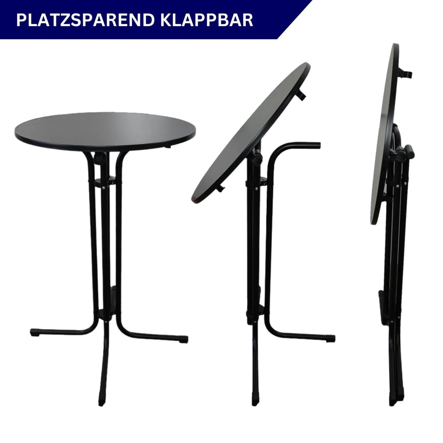 Chefgastro Stehtisch, klappbar, rund, schwarz. Ideal für Gastronomie & Garten, platzsparend verstaubar.