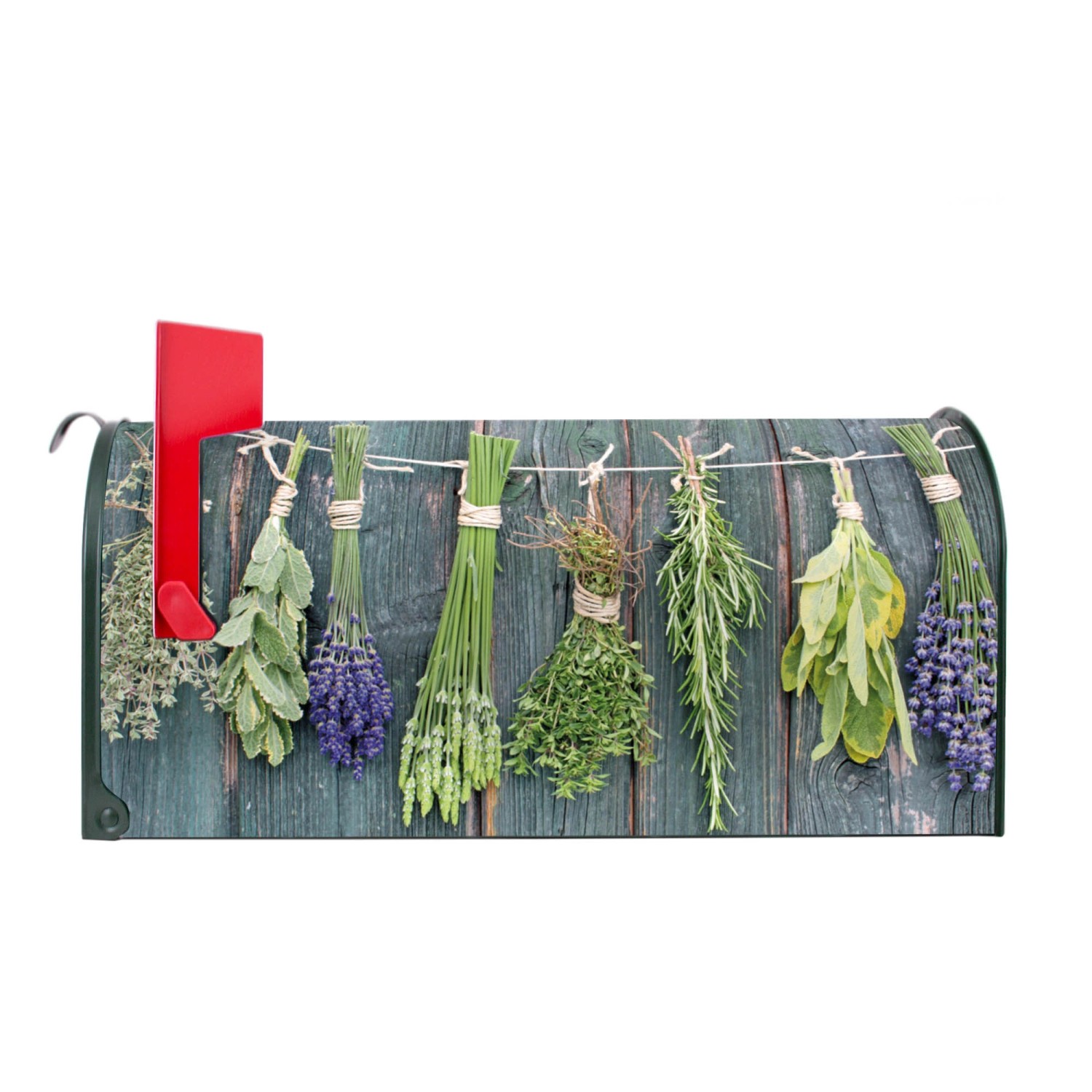 Grüner Banjado US Briefkasten mit Kräutermotiv, Stahl, 48x22x16cm.