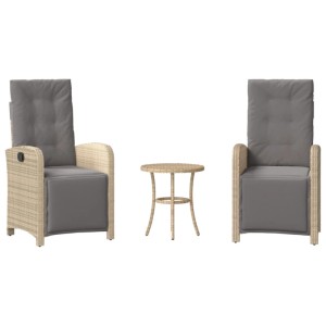 3-tlg. Bistro-Set: Rattan-Gartenmöbel mit 2 Sesseln und Tisch, beige-meliert mit grauen Kissen.
