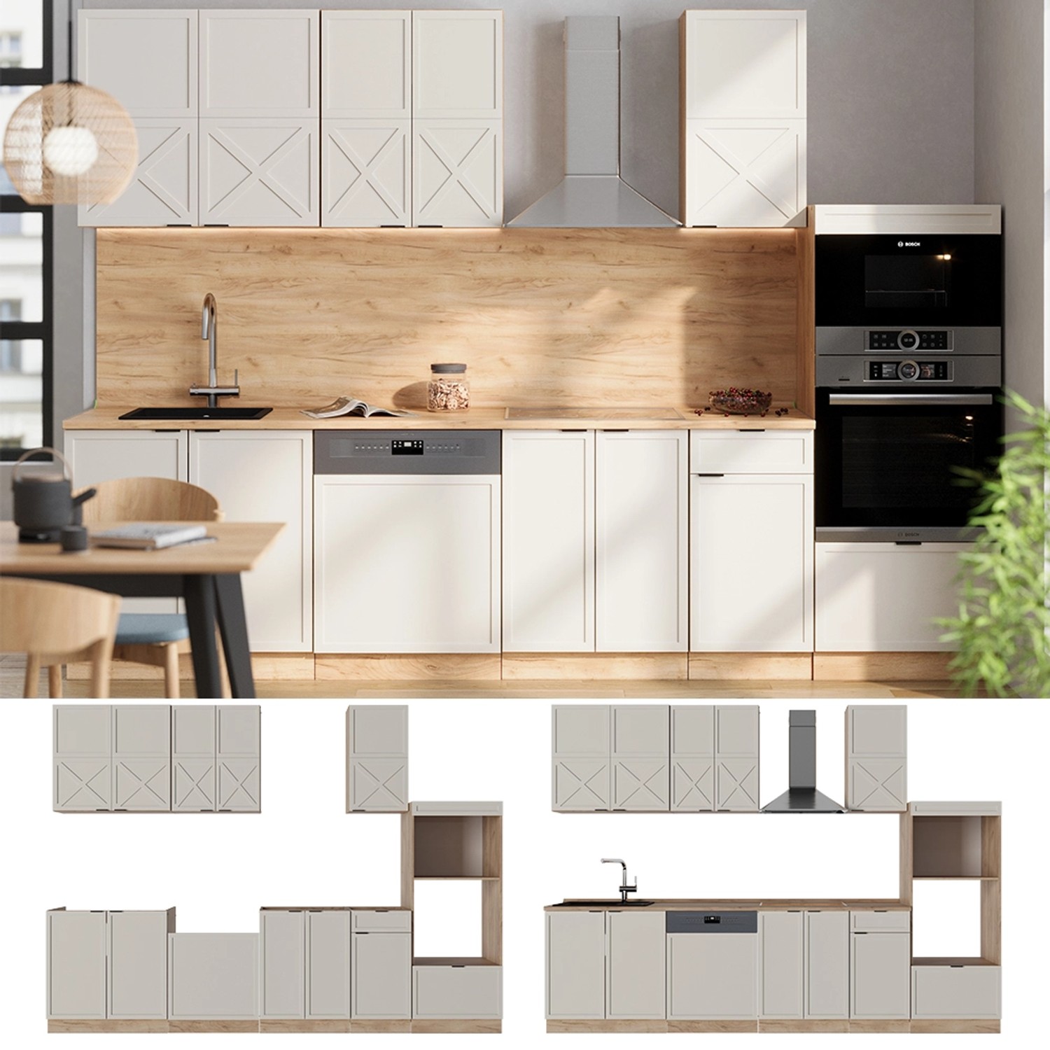 Vicco Fame-Line Küchenzeile in GrauBeige/Goldkraft Eiche, 300 cm breit, ohne Arbeitsplatte.