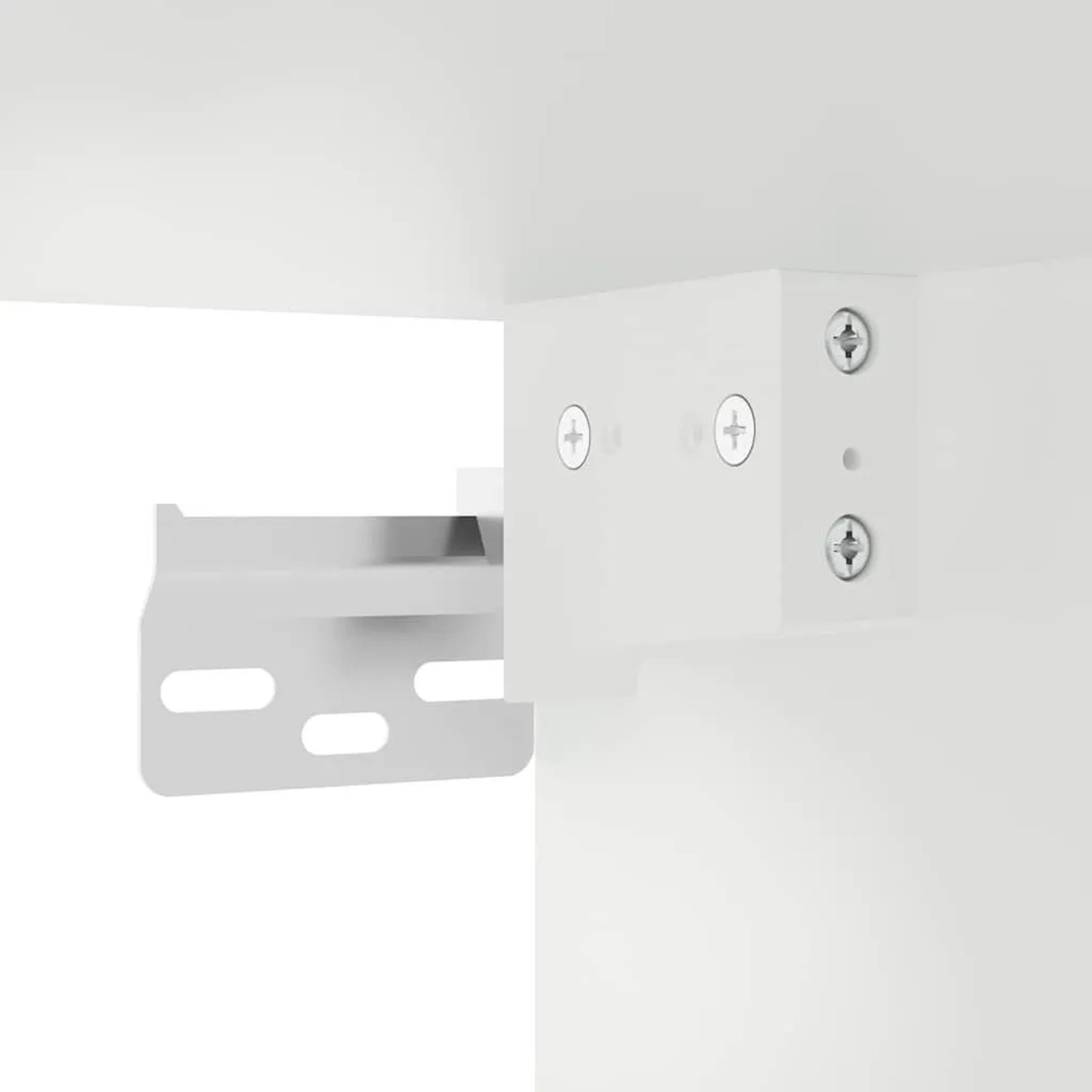 Weiße Montagehalterung mit Schrauben für den vidaXL Wandschrank. Detail der Wandbefestigung am Schrankelement.