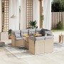 Beige 8-tlg. vidaXL Garten-Sofagarnitur aus Rattan mit hellgrauen Kissen und höhenverstellbarem Tisch.