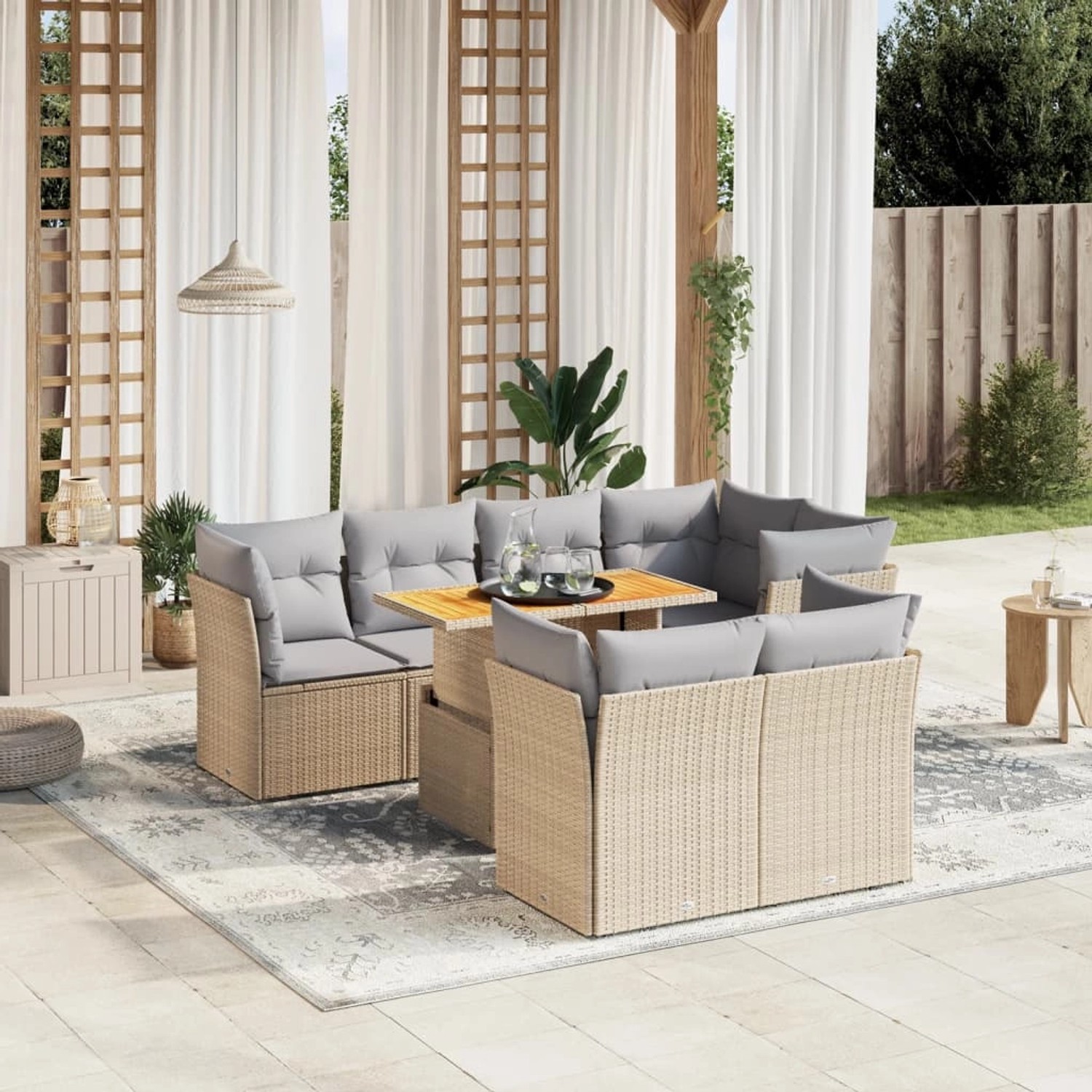 Beige 8-tlg. vidaXL Garten-Sofagarnitur aus Rattan mit hellgrauen Kissen und höhenverstellbarem Tisch.