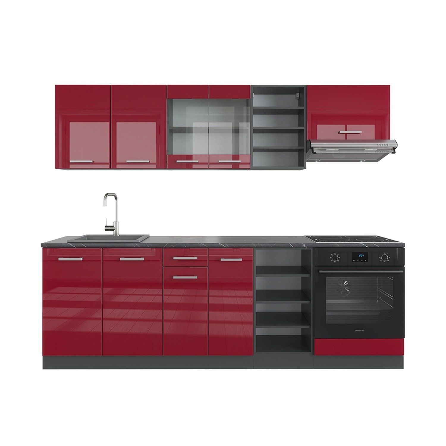 Vicco R-Line Küchenzeile Bordeaux Hochglanz/Anthrazit 240 cm AP Anthrazit günstig online kaufen
