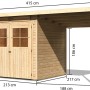 Karibu Holz-Gartenhaus Egersund, unbehandelt, mit Pultdach und Anbau. Abmessungen sichtbar.