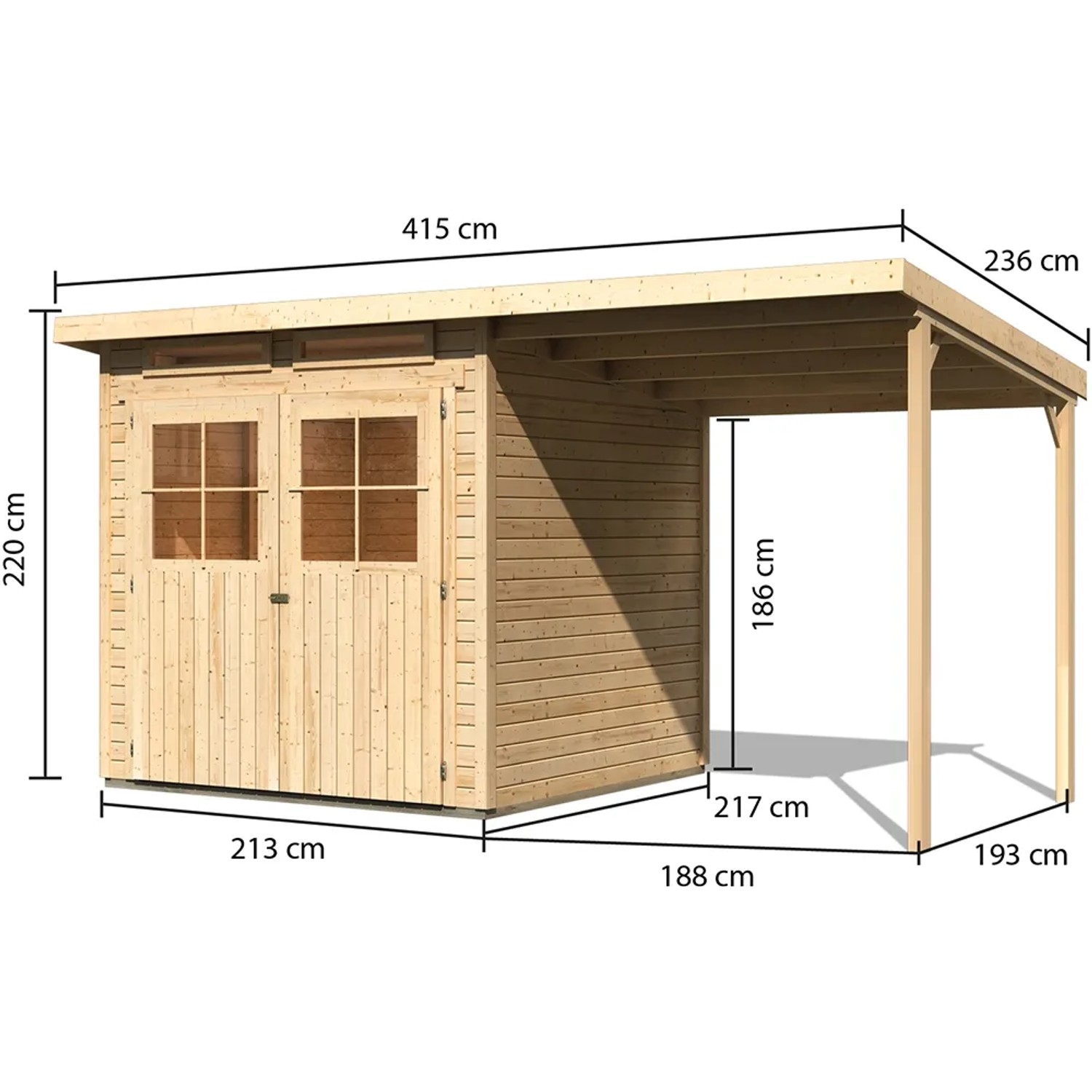 Karibu Holz-Gartenhaus Egersund, unbehandelt, mit Pultdach und Anbau. Abmessungen sichtbar.