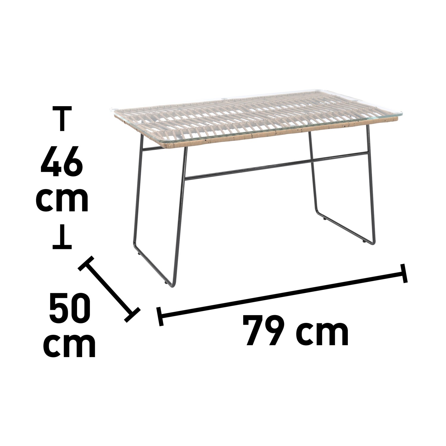 Rattan Lounge-Tisch Udima, Teil des 4-teiligen Lounge-Sets, mit Maßen 79x50x46 cm.