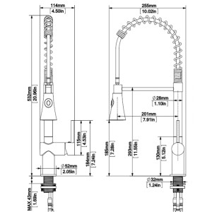 Technische Zeichnung: AICA Küchenarmatur mit Federzug, ausziehbarer Sprayer, Chrom, Maße und Details.
