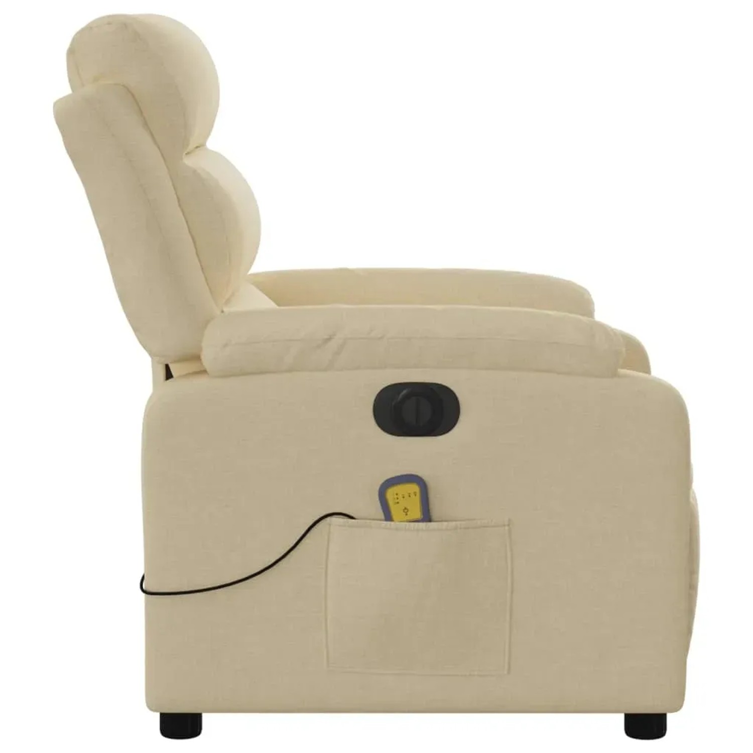 Elektrischer Massagesessel in Creme mit Fernbedienung in Seitentasche. Relaxsessel für Wohnzimmer.