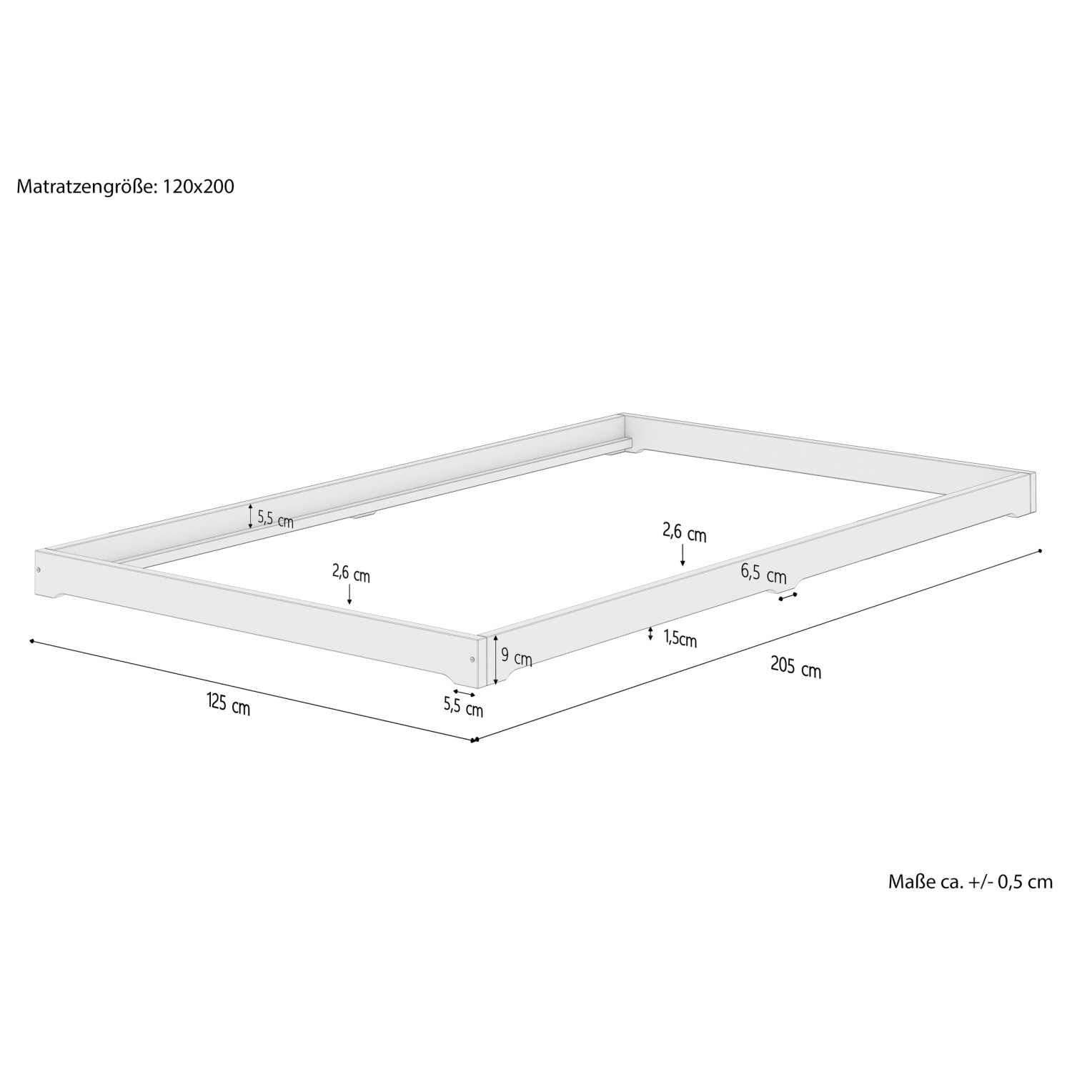 Detailansicht Erst-Holz Futonbett 120x200 cm, Maße des Bettrahmens aus Fichte massiv.