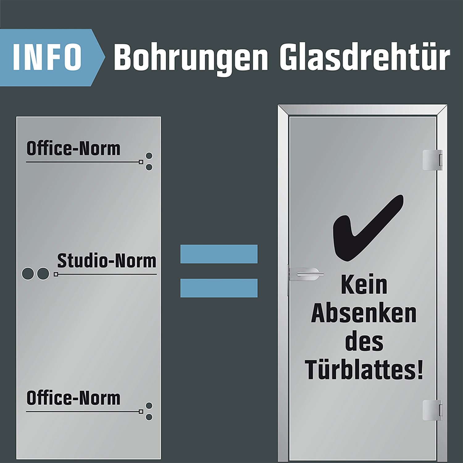 Info zu Bohrungen für Glasdrehtüren: Office- und Studio-Norm für Beschlag-Set.