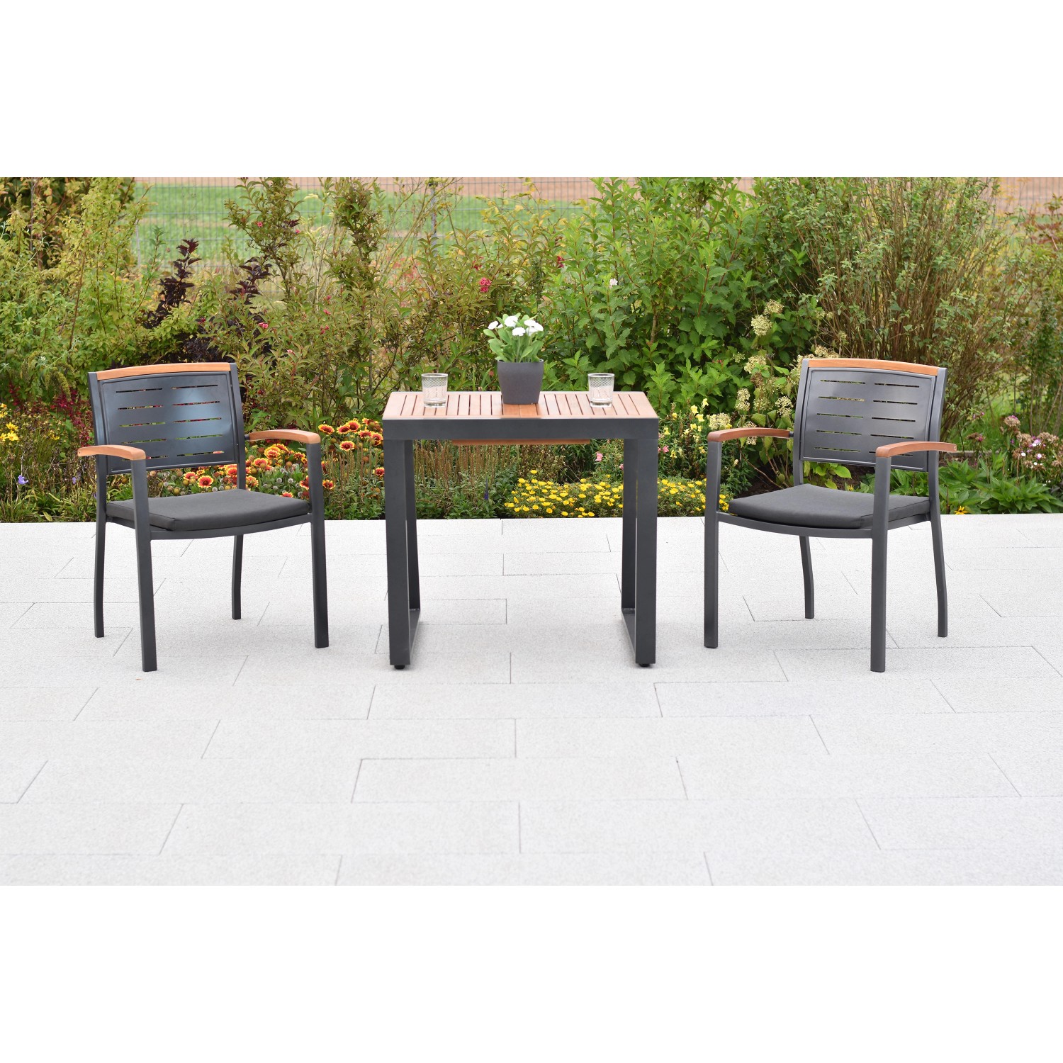 Merxx Tinos Set 5-tlg. 2 Stapelsessel 2 Kissen Balkon-Tisch Ausziehbar günstig online kaufen
