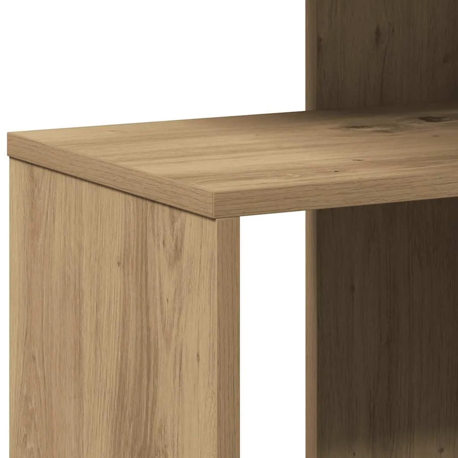 Nahaufnahme des vidaXL Beistelltischs Artisan-Eiche. Helle Holzwerkstoff-Oberfläche mit deutlicher Maserung und Kanten.