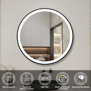 Aica Sanitär Spiegel Rund 70 cm Schwarz Badspiegel mit Uhr Drei Lichtfarbe Dimmbar Memory Neutral-Warm-Kaltweiß Touch Wandschalter Beschlagfrei