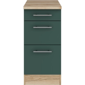 OPTIFIT Savona405 Unterschrank, 40 cm, Steingrün mit Arbeitsplatte in Wildeiche Nachbildung.