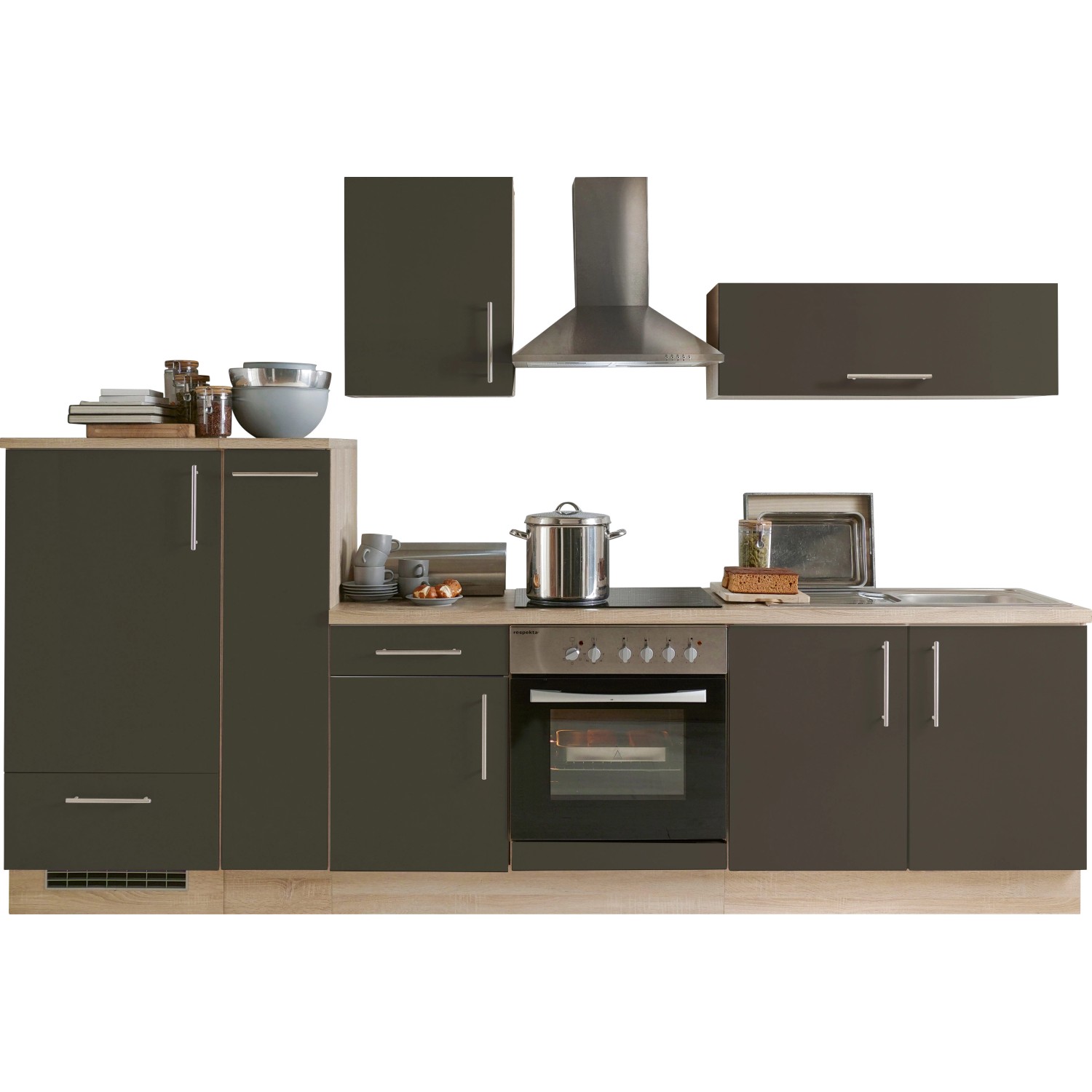 Menke Küchenzeile/Küchenblock Premium 300 cm Lava Hochglanz-Sonoma Eiche Nachbildung