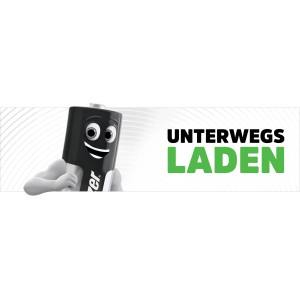 Energizer Mini Ladegerät mit Batterie-Figur und dem Schriftzug "Unterwegs Laden".