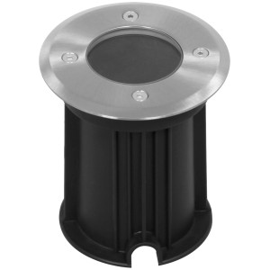 Runder LED-Bodeneinbaustrahler aus Edelstahl und Kunststoff, ideal für Garten und Hof.