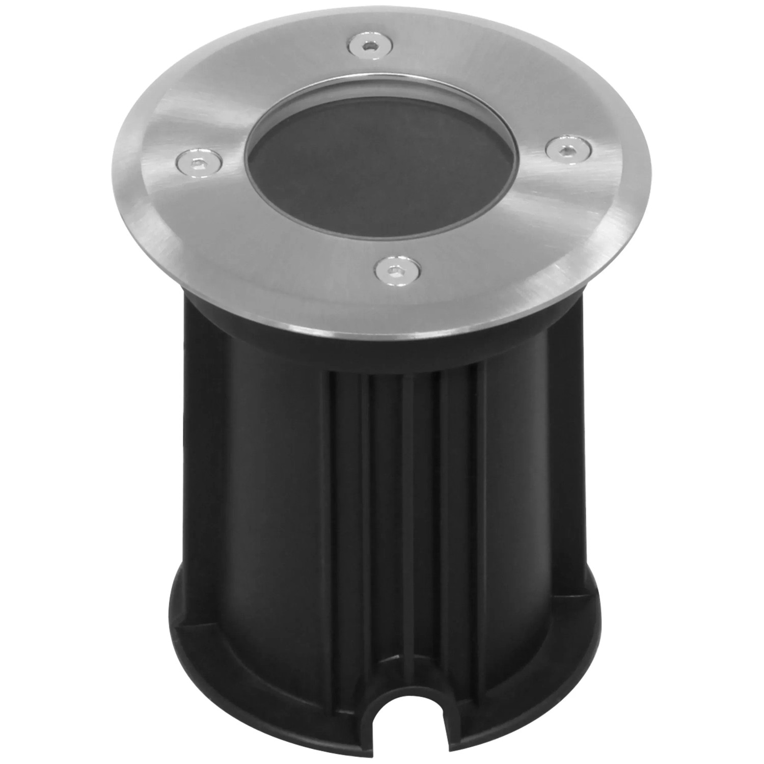 Runder LED-Bodeneinbaustrahler aus Edelstahl und Kunststoff, ideal für Garten und Hof.